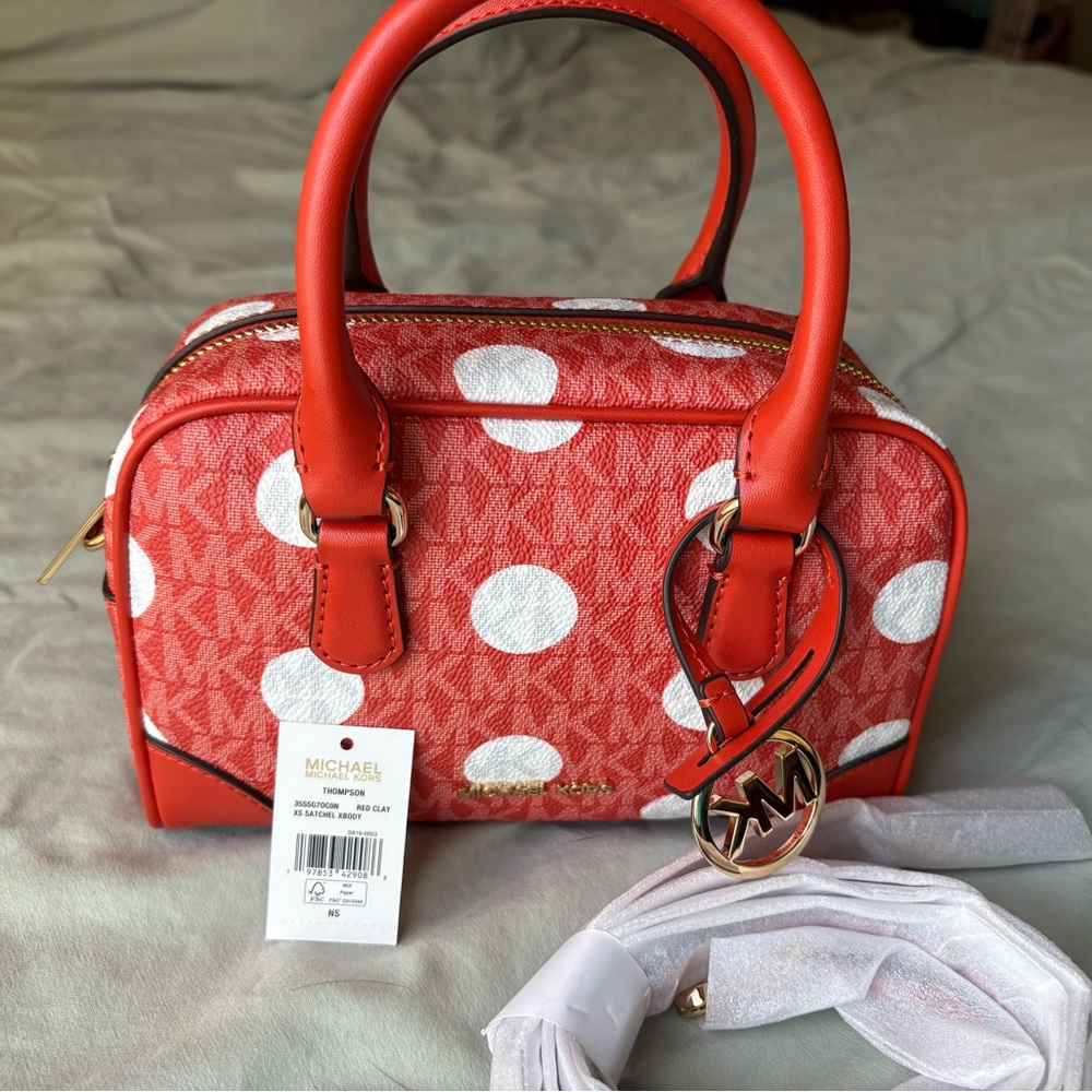 Michael Kors Red and White Polka Dot Crossbody Bag (actually a deep orange)